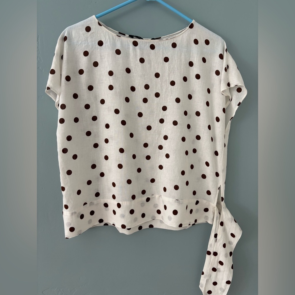 🟤 ZARA Ecru and Brown Polka Dot Top with Side Tie